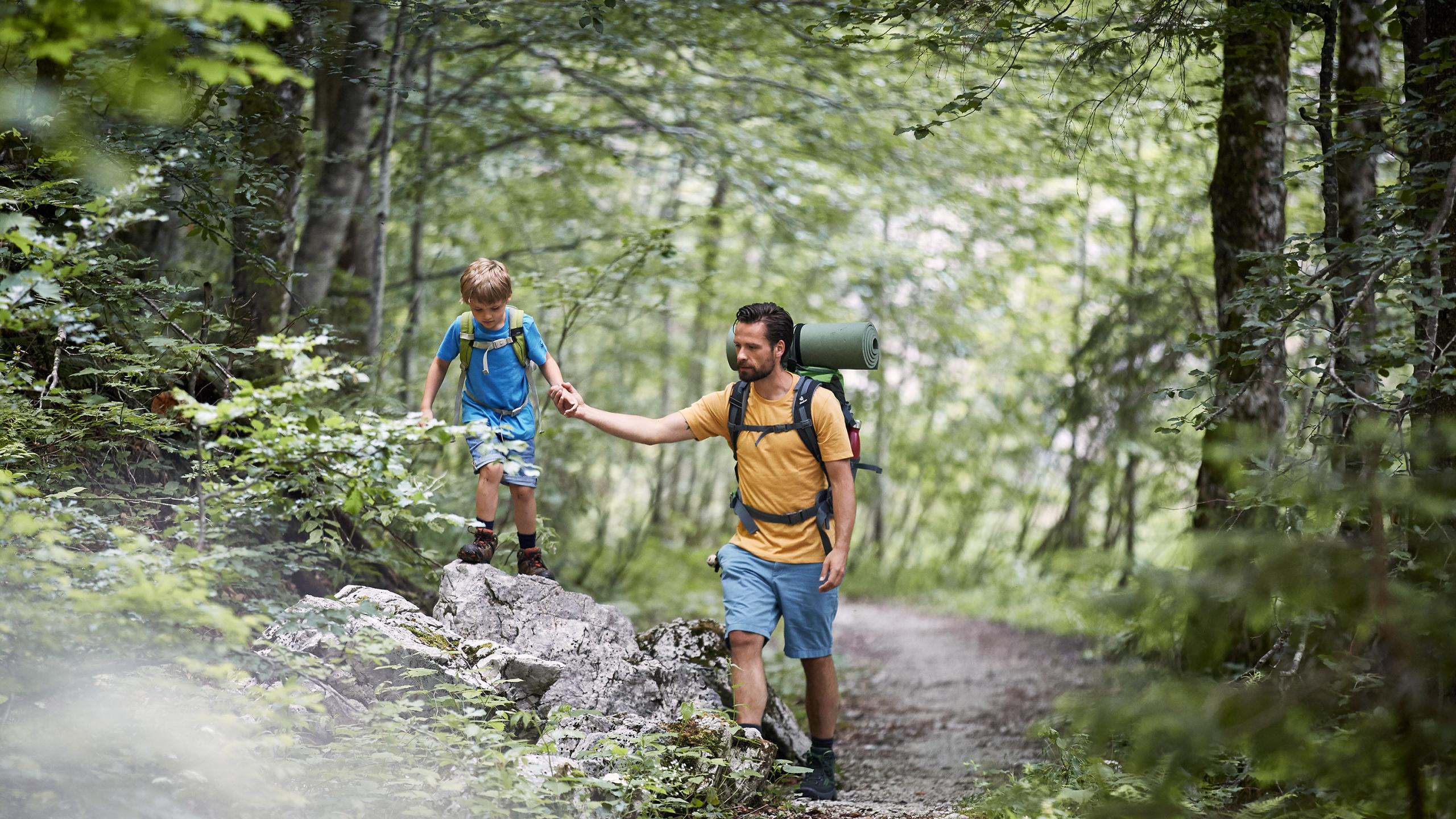 Vater und Sohn wandern auf einem Waldweg