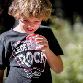Ein Junge hält eine Becherlupe in der Hand und beobachtet ein Wassertierchen