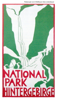 Historisches Plakat von Alois Lindenbauer zeigt stilisiert den Schleierfall Wasserfall und trägt den Titel Nationalpark Hintergebirge