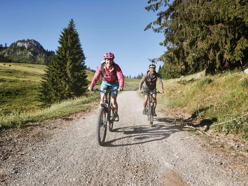 Mit Mountainbikes fahren eine Frau und ein Mann durch eine sommerliche Almlandschaft