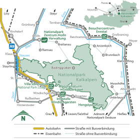 Karte mit den Verkehrsverbindungen rund um den Nationalpark Kalkalpen