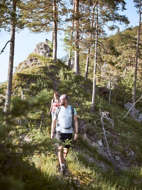 Eine Frau und ein Mann wandern auf einem schmalen Steig in felsdurchsetztem Wald