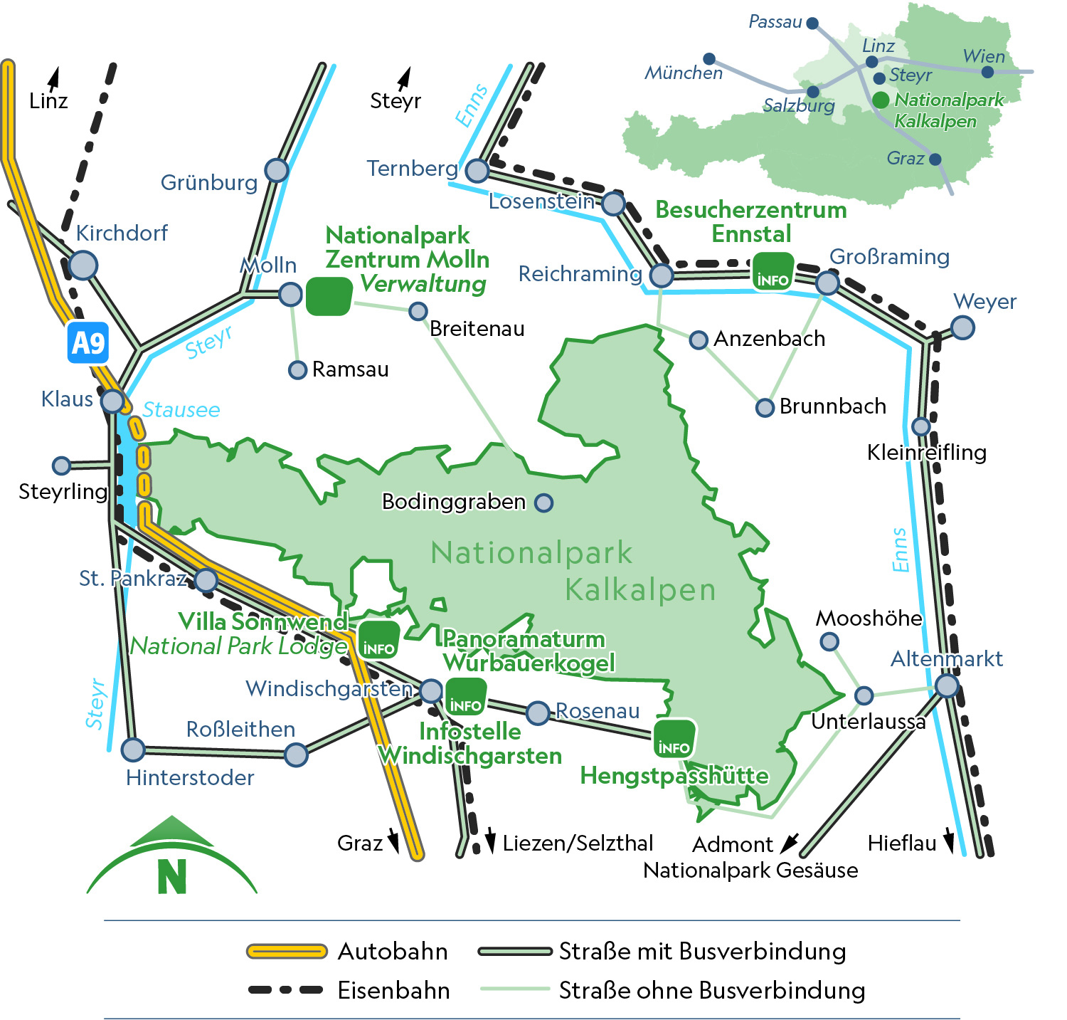 Karte mit den Verkehrs- und Bahnverbindungen rund um den Nationalpark Kalkalpen in Oberösterreich.