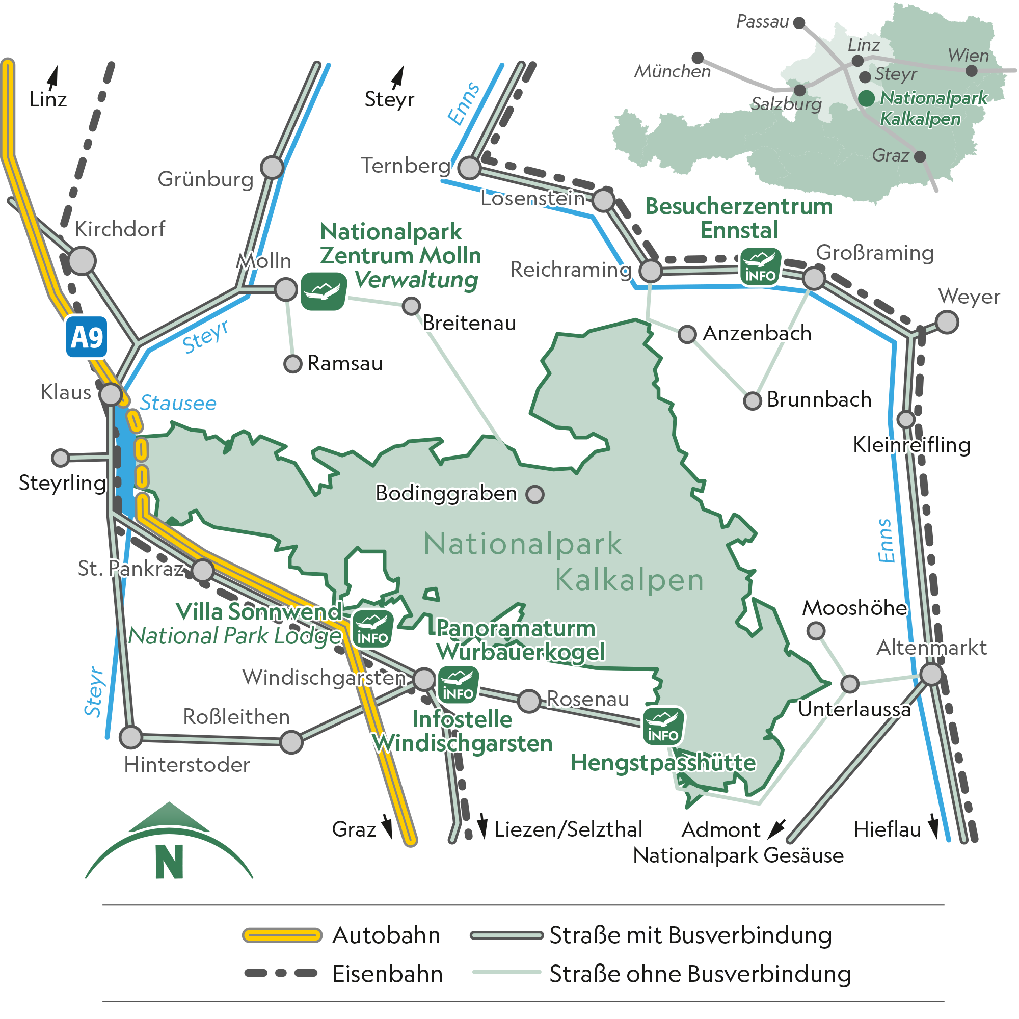 Karte mit den Verkehrsverbindungen rund um den Nationalpark Kalkalpen