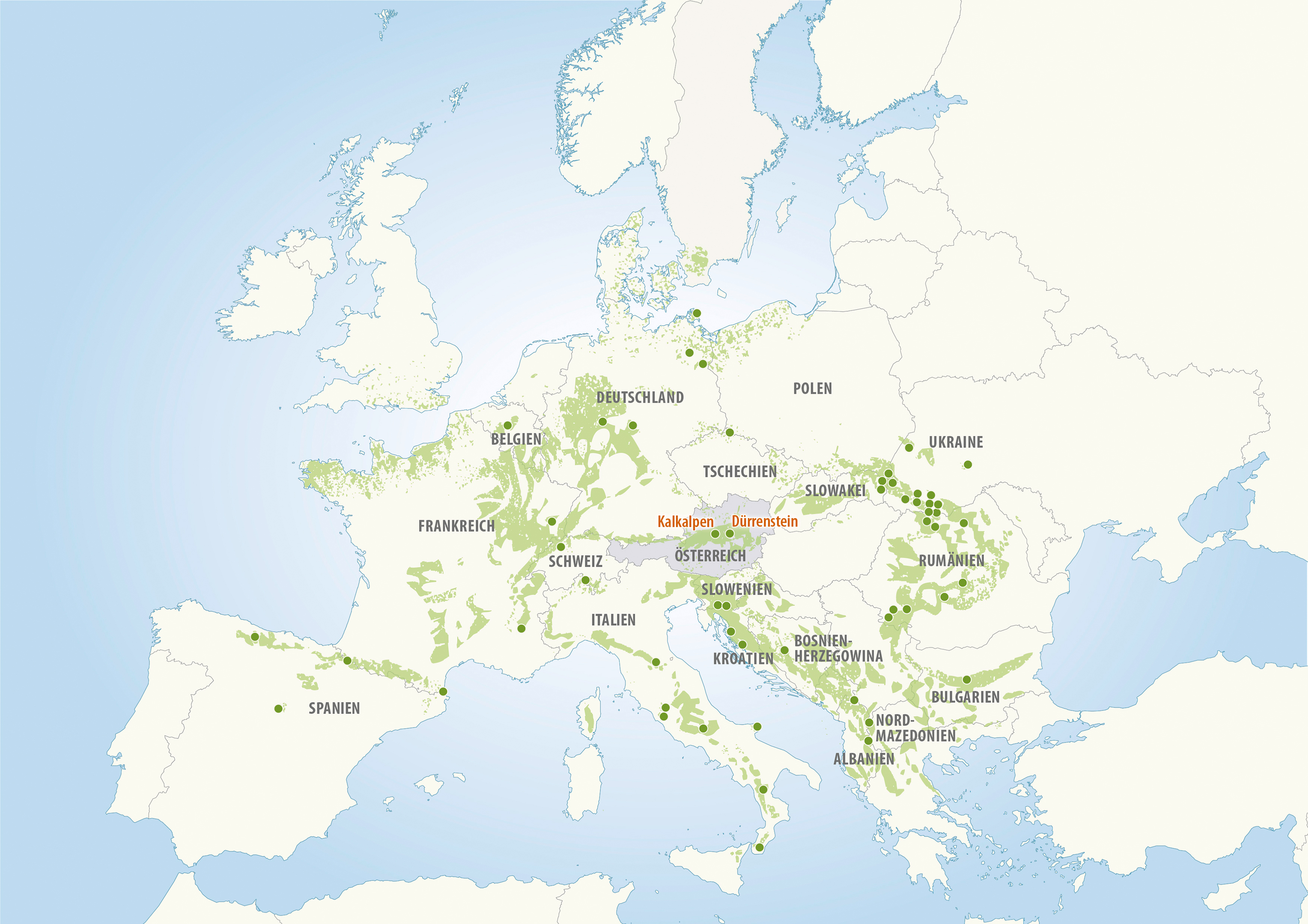 Übersichtskarte der Weltnaturerbe Buchenwälder Europas