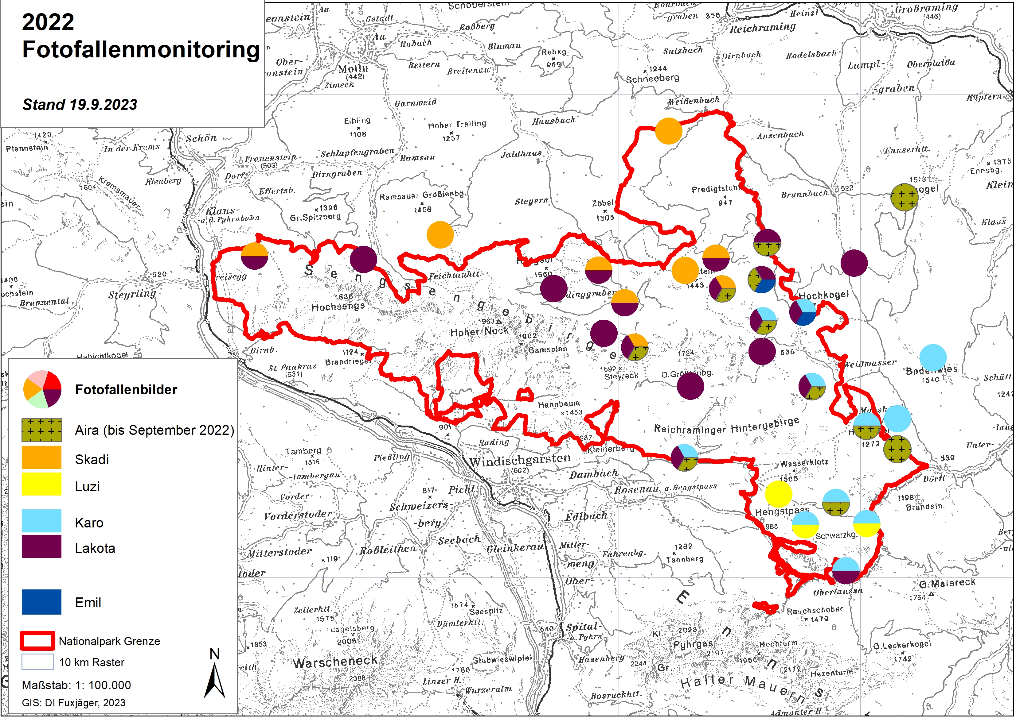 Karte mit Fotofallen Punkten der Luchse im Nationalpark Kalkalpen