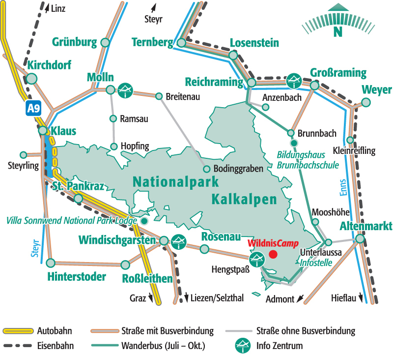 Übersichtskarte mit Bahnlinien und Straßen rund um den Nationalpark Kalkalpen